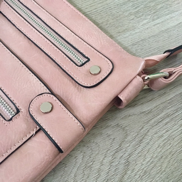 A-SHU LARGE BLUSH PINK MULTI COMPARTMENT CROSSBODY BAG WITH LONG STRAP - A-SHU.CO.UK