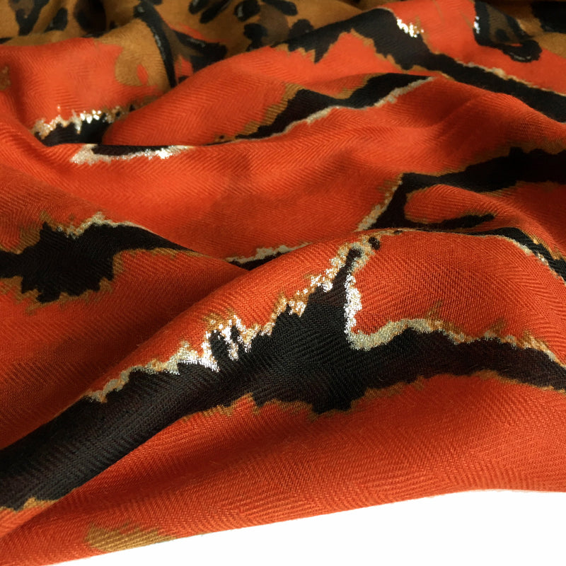 A-SHU LARGE DEEP ORANGE ZEBRA AND LEOPARD PRINT SHAWL SCARF - A-SHU.CO.UK