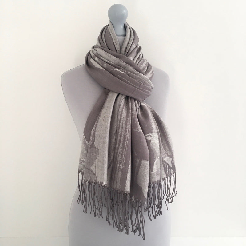 A-SHU SILVER GREY REVERSIBLE PASHMINA SHAWL SCARF IN ABSTRACT FLORAL PRINT - A-SHU.CO.UK
