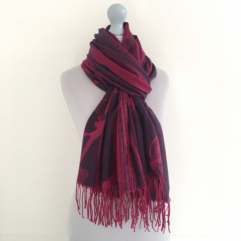 A-SHU PURPLE BERRY REVERSIBLE PASHMINA SHAWL SCARF IN ABSTRACT FLORAL PRINT - A-SHU.CO.UK