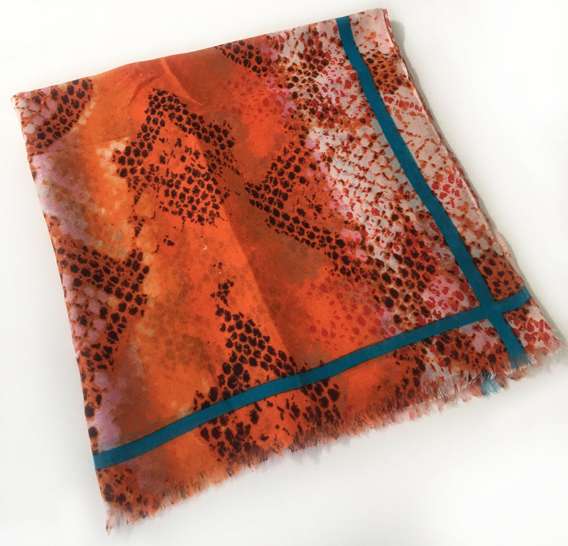 A-SHU LARGE ORANGE SNAKESKIN PRINT SHAWL SCARF WITH STRIPE - A-SHU.CO.UK