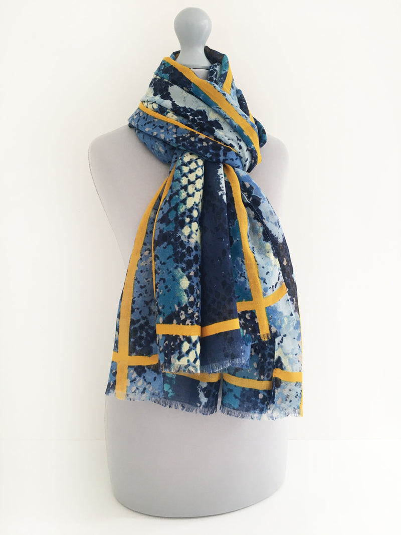 A-SHU LARGE BLUE SNAKESKIN PRINT SHAWL SCARF WITH STRIPE - A-SHU.CO.UK