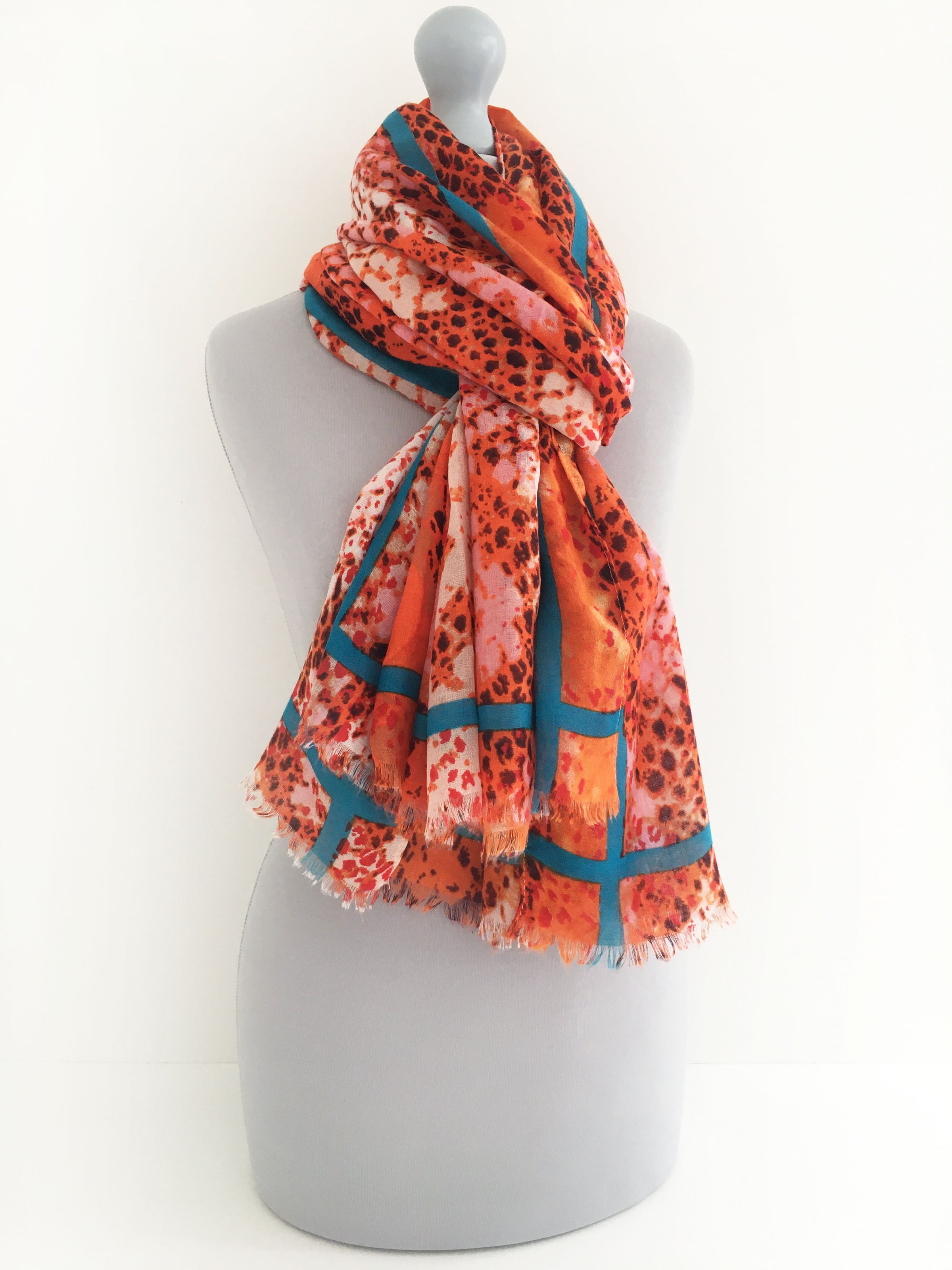 A-SHU LARGE ORANGE SNAKESKIN PRINT SHAWL SCARF WITH STRIPE - A-SHU.CO.UK