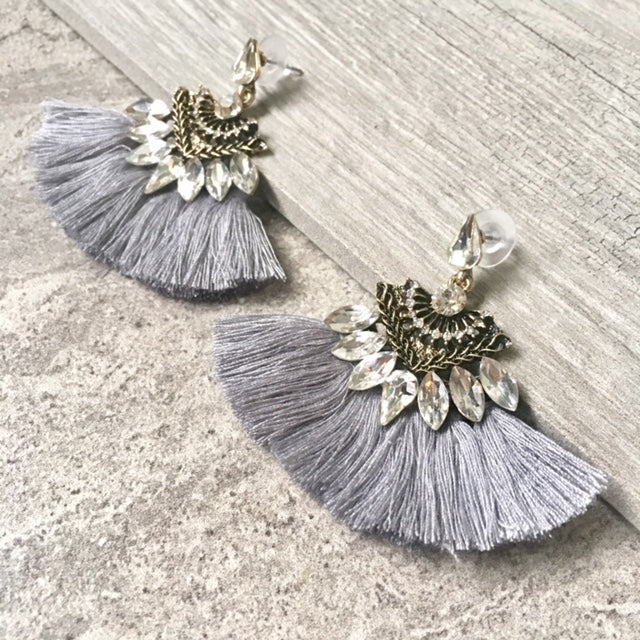 A-SHU SILVER GREY LARGE DIAMANTE TASSEL / FRINGE EARRINGS - A-SHU.CO.UK