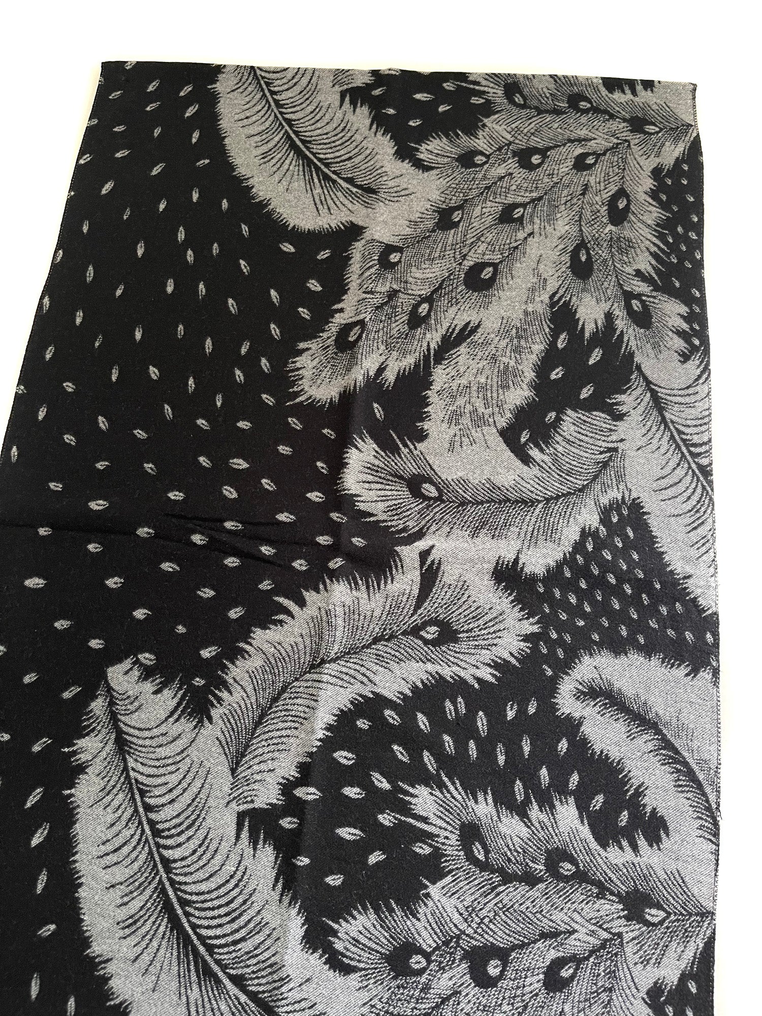 LARGE BLACK CASHMERE FEATHER PRINT REVERSIBLE WINTER SHAWL BLANKET SCARF
