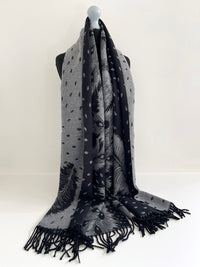 LARGE BLACK CASHMERE FEATHER PRINT REVERSIBLE WINTER SHAWL BLANKET SCARF
