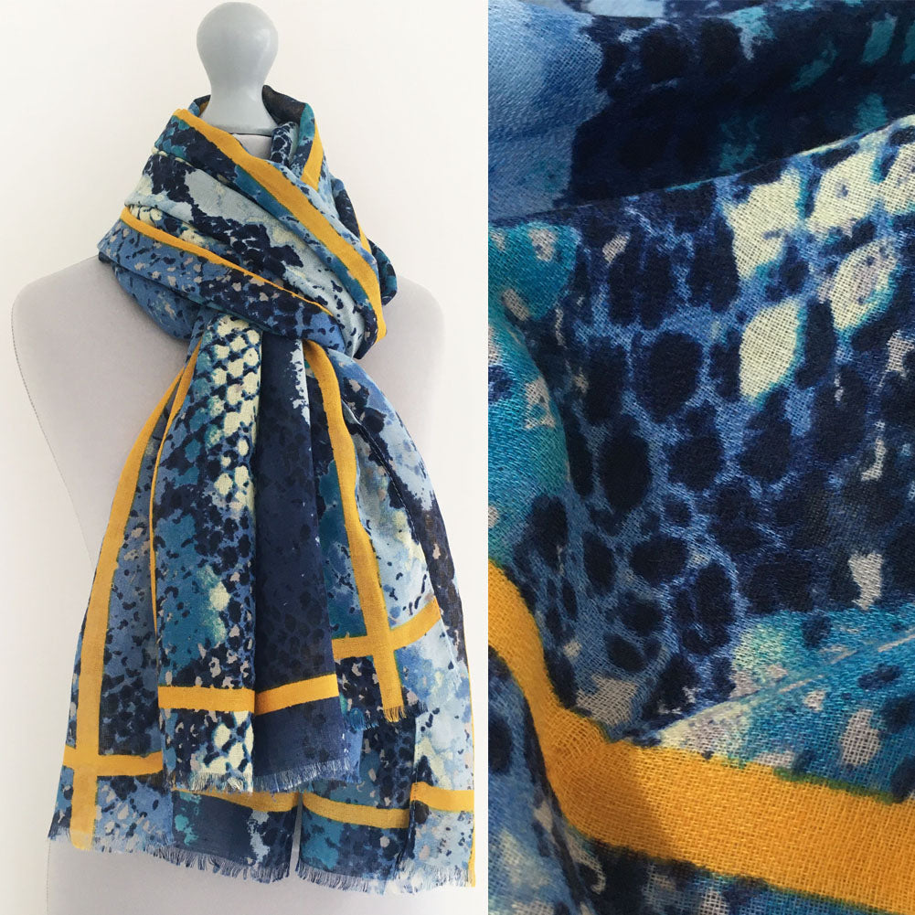 A-SHU LARGE BLUE SNAKESKIN PRINT SHAWL SCARF WITH STRIPE - A-SHU.CO.UK