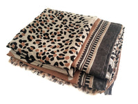 LARGE CAMEL COTTON MIX TIGER AND LEOPARD PRINT SHAWL SCARF