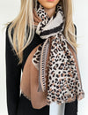 LARGE CAMEL COTTON MIX TIGER AND LEOPARD PRINT SHAWL SCARF