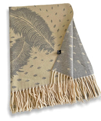 LARGE CREAM CASHMERE FEATHER PRINT REVERSIBLE WINTER SHAWL BLANKET SCARF