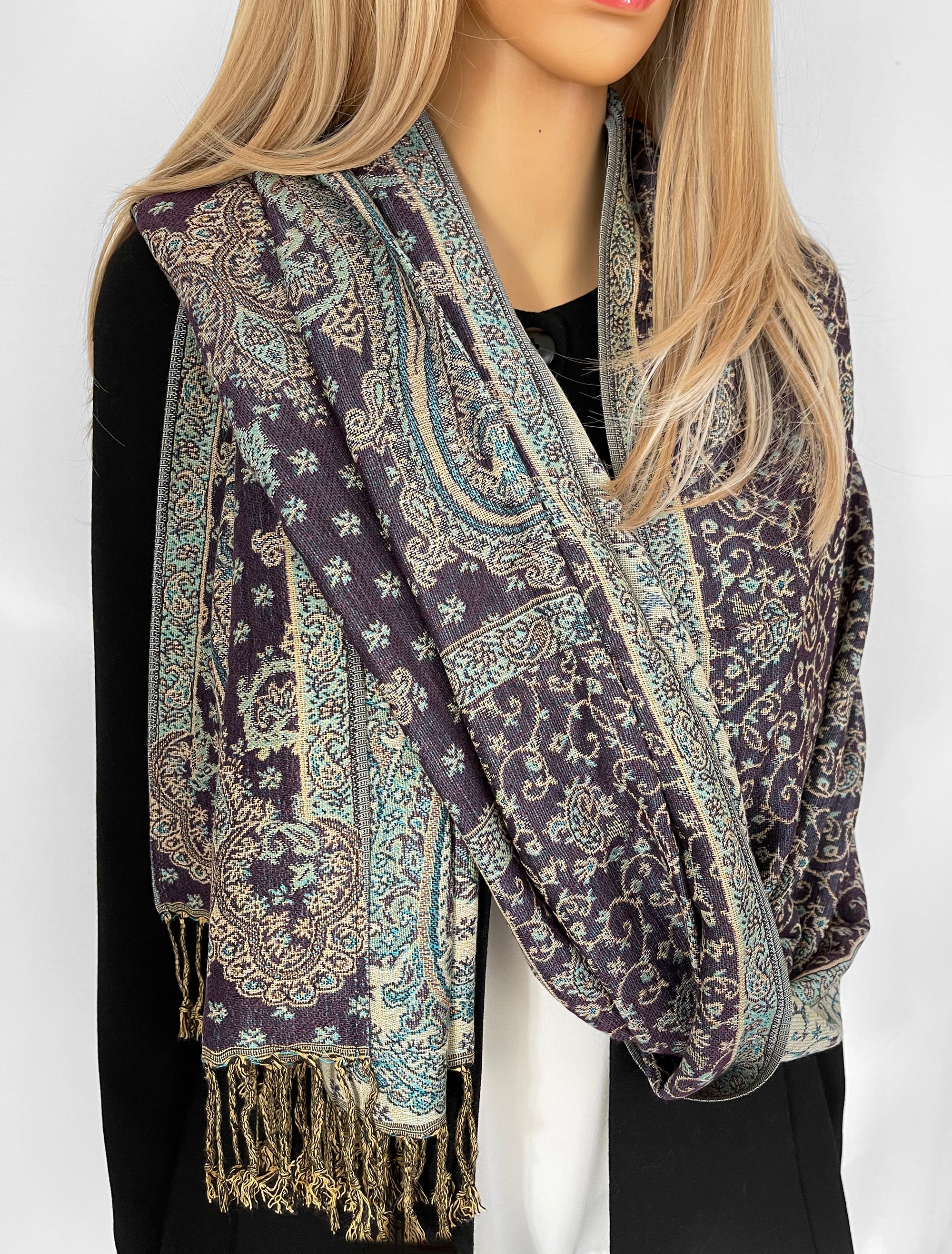 Large Paisleys On Light Grey Pashmina Feel With Tassels - Scarf at   Women's Clothing store