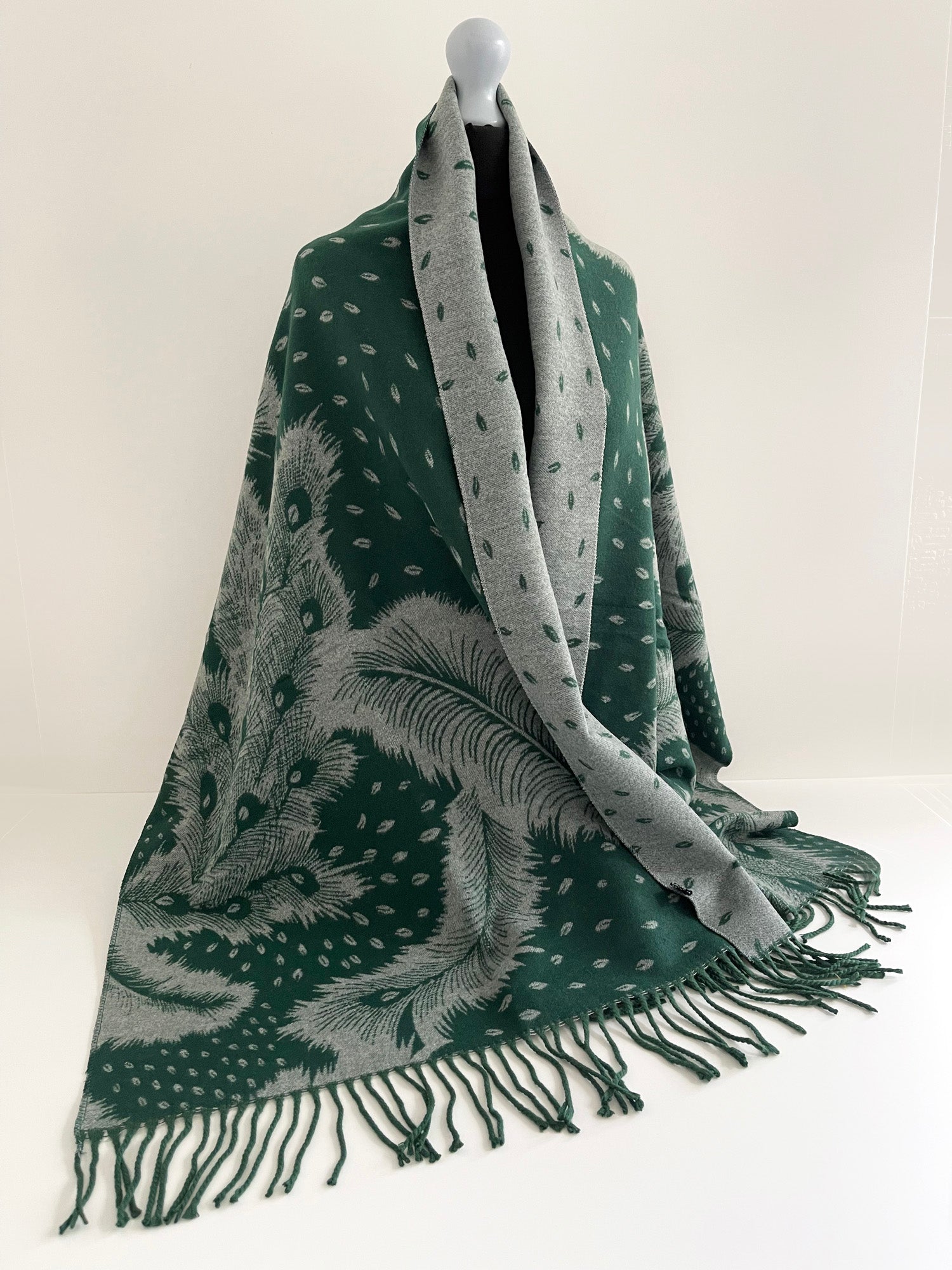 LARGE GREEN CASHMERE FEATHER PRINT REVERSIBLE WINTER SHAWL BLANKET SCARF