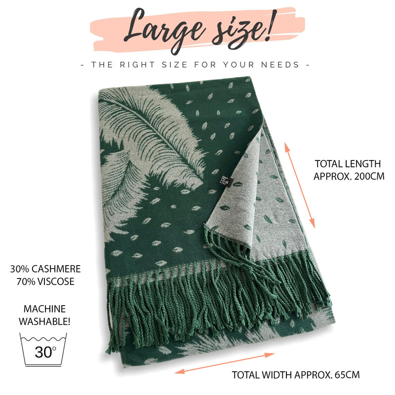 LARGE GREEN CASHMERE FEATHER PRINT REVERSIBLE WINTER SHAWL BLANKET SCARF