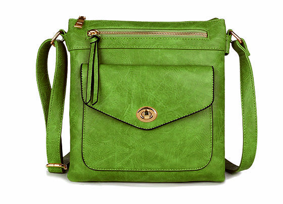 LARGE GREEN TURN LOCK MULTI COMPARTMENT CROSS BODY SHOULDER BAG WITH LONG STRAP