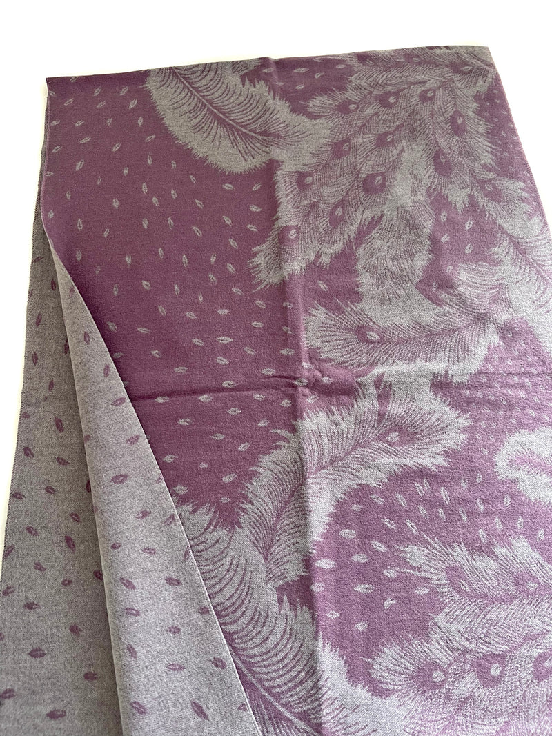 LARGE LILAC CASHMERE FEATHER PRINT REVERSIBLE WINTER SHAWL BLANKET SCARF