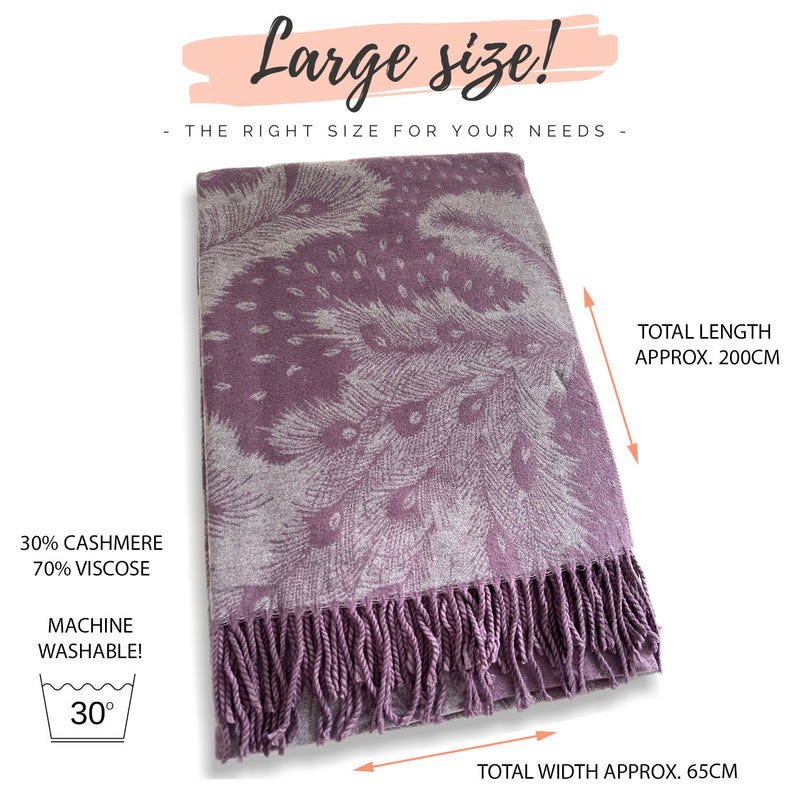 LARGE LILAC CASHMERE FEATHER PRINT REVERSIBLE WINTER SHAWL BLANKET SCARF