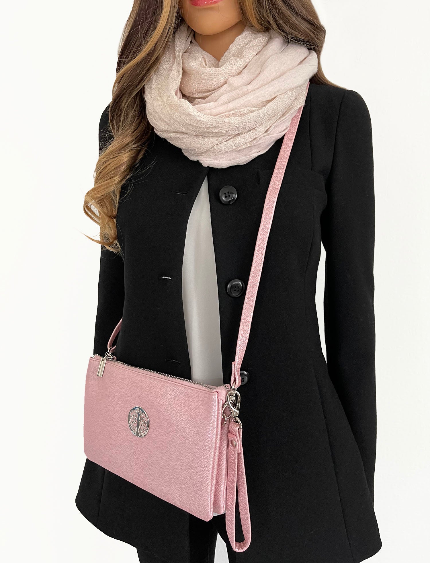 LARGE MULTI-COMPARTMENT CROSS-BODY PURSE BAG WITH WRIST AND LONG STRAPS -  METALLIC PINK