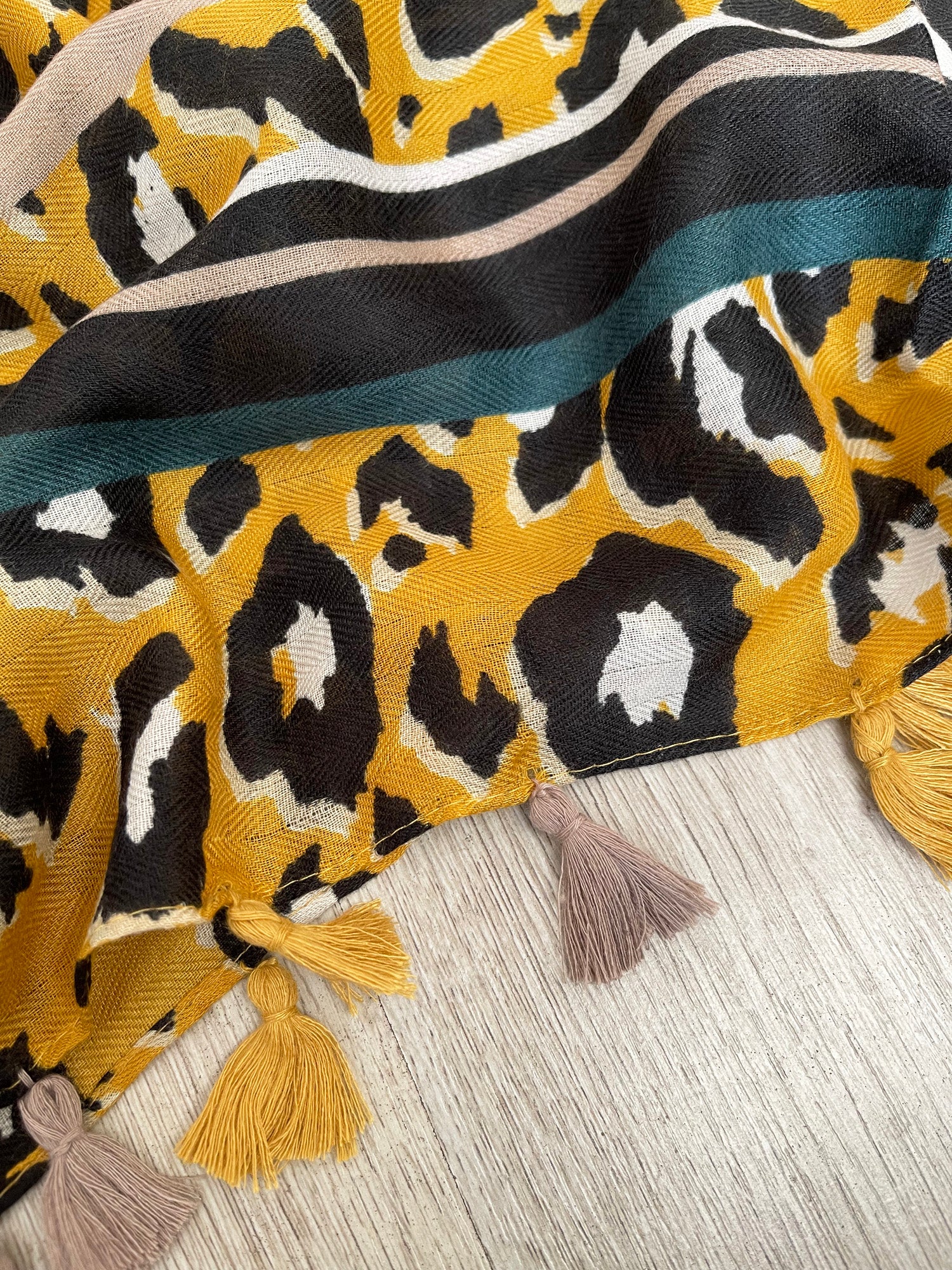 LARGE MUSTARD YELLOW TRIBAL LEOPARD PRINT SCARF WITH TASSELS