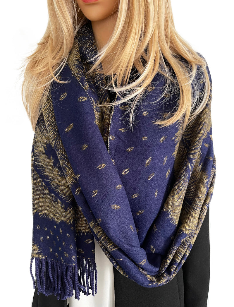 LARGE NAVY BLUE CASHMERE FEATHER PRINT REVERSIBLE WINTER SHAWL BLANKET SCARF