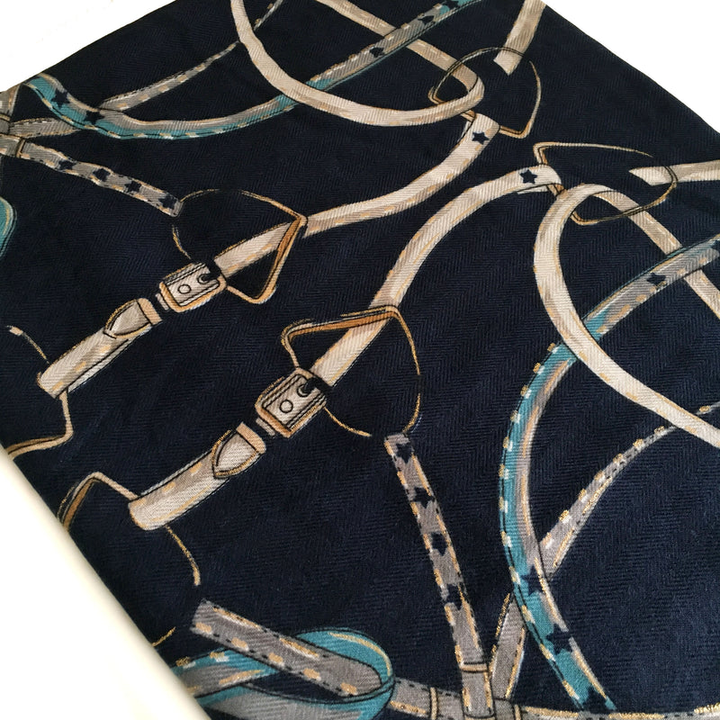 LARGE NAVY BLUE CONTEMPORARY BUCKLE PRINT PASHMINA SHAWL SCARF
