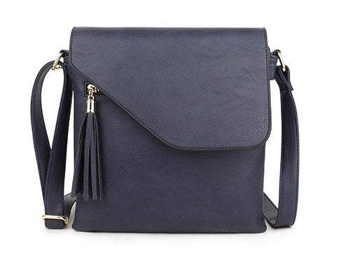 LARGE NAVY TASSEL MULTI COMPARTMENT CROSS BODY SHOULDER BAG WITH LONG STRAP