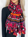 LARGE RED TRIBAL LEOPARD PRINT SCARF WITH TASSELS