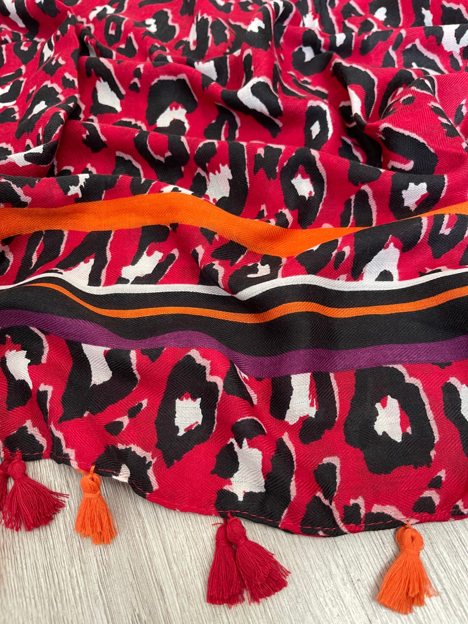 LARGE RED TRIBAL LEOPARD PRINT SCARF WITH TASSELS