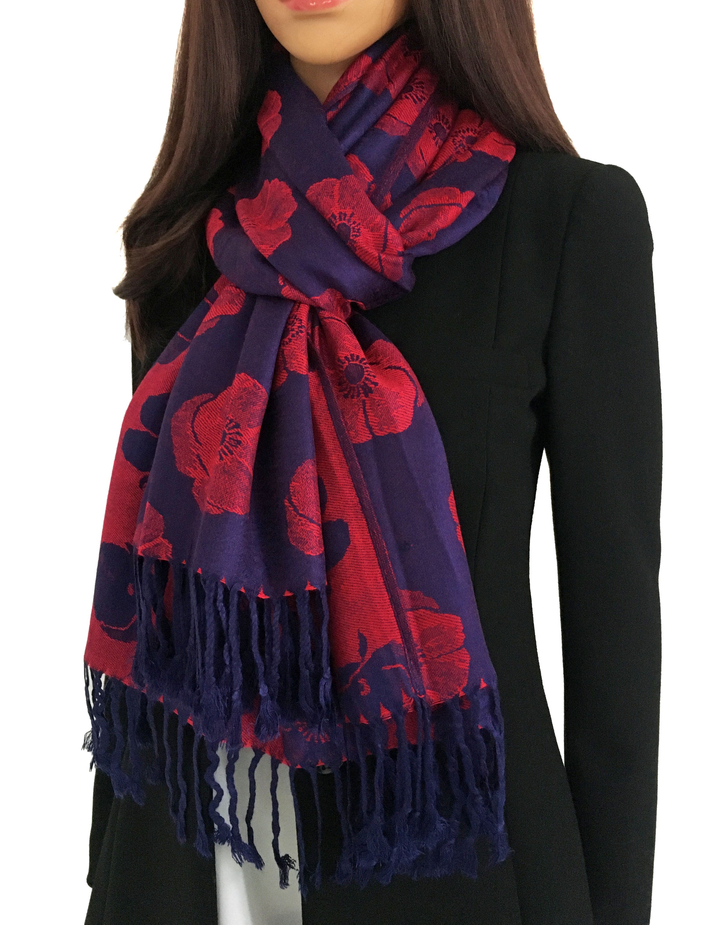 LARGE REVERSIBLE NAVY BLUE AND RED POPPY PASHMINA SHAWL SCARF
