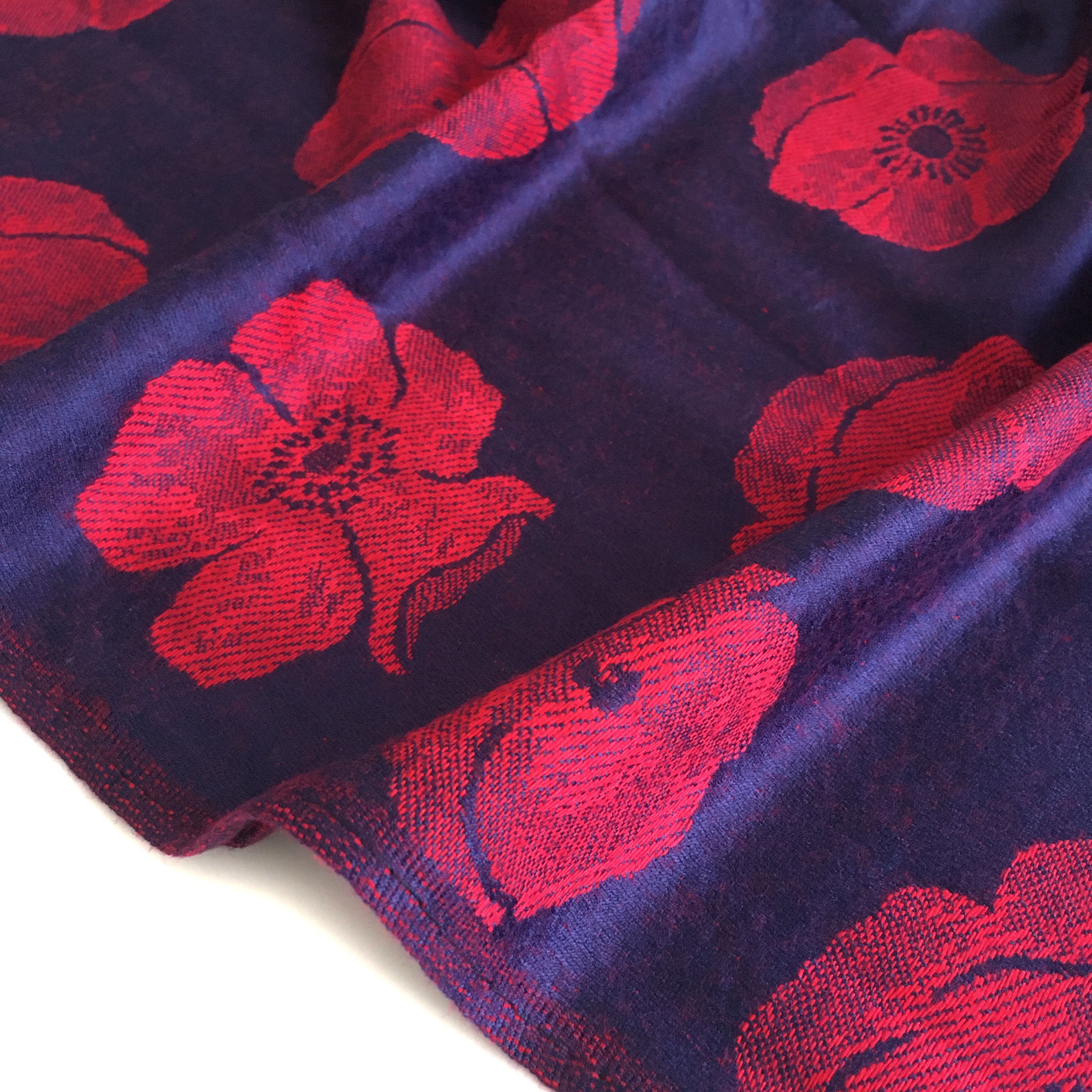LARGE REVERSIBLE NAVY BLUE AND RED POPPY PASHMINA SHAWL SCARF