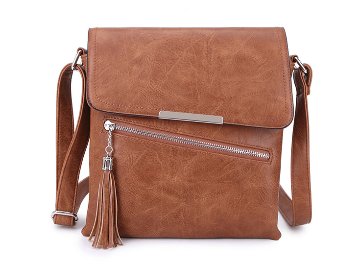 LARGE TASSEL MULTI COMPARTMENT CROSS BODY SHOULDER BAG WITH LONG STRAP - BROWN