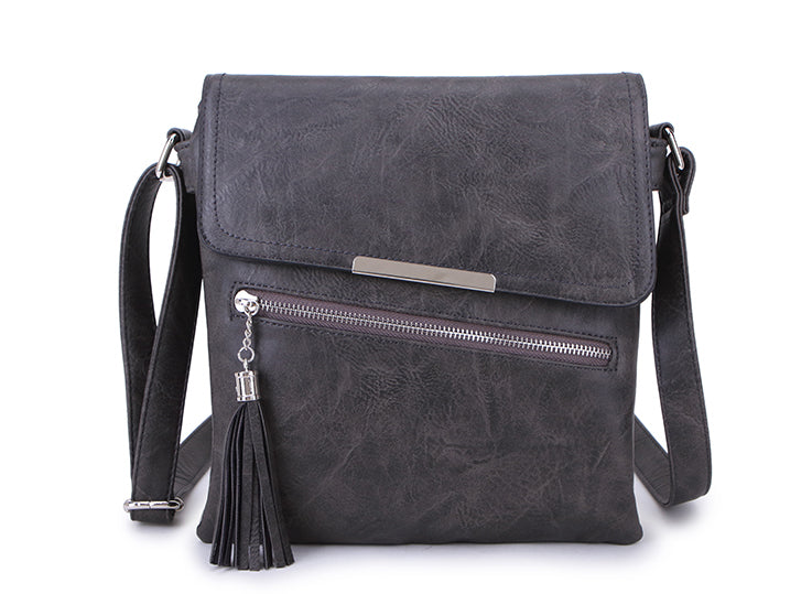LARGE TASSEL MULTI COMPARTMENT CROSS BODY SHOULDER BAG WITH LONG STRAP - GREY