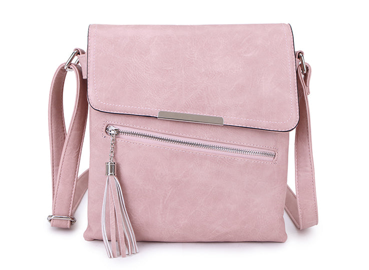 LARGE TASSEL MULTI COMPARTMENT CROSS BODY SHOULDER BAG WITH LONG STRAP - PINK