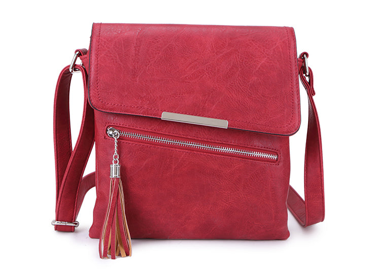 LARGE TASSEL MULTI COMPARTMENT CROSS BODY SHOULDER BAG WITH LONG STRAP - RED