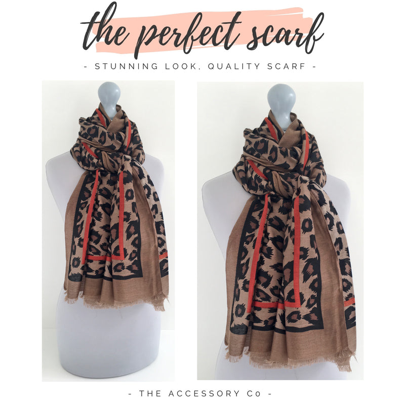 LARGE TAUPE BROWN AND ORANGE STRIPE LEOPARD PRINT SCARF
