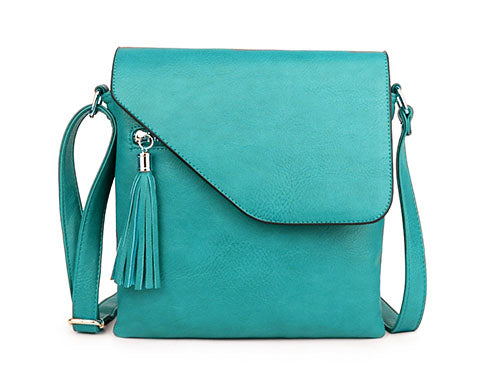 LARGE TEAL TASSEL MULTI COMPARTMENT CROSS BODY SHOULDER BAG WITH LONG STRAP