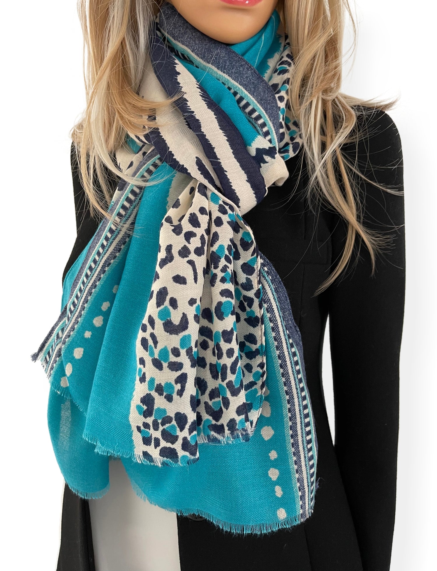 LARGE TURQUOISE BLUE TIGER AND LEOPARD PRINT SHAWL SCARF