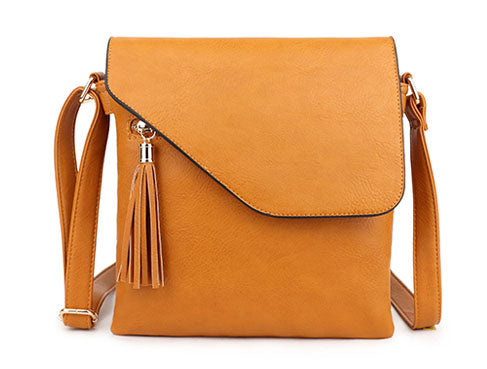 LARGE YELLOW TASSEL MULTI COMPARTMENT CROSS BODY SHOULDER BAG WITH LONG STRAP