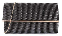 A-SHU LARGE BLACK AND SILVER METALLIC FOLD OVER CLUTCH BAG WITH LONG CHAIN STRAP - A-SHU.CO.UK