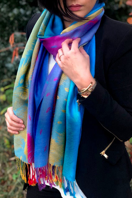 LARGE BLUE RAINBOW FEATHER AND LEAF PRINT PASHMINA SHAWL SCARF