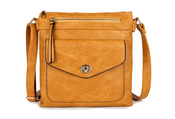 A-SHU LARGE MUSTARD YELLOW TURN LOCK MULTI COMPARTMENT CROSS BODY SHOULDER BAG WITH LONG STRAP - A-SHU.CO.UK