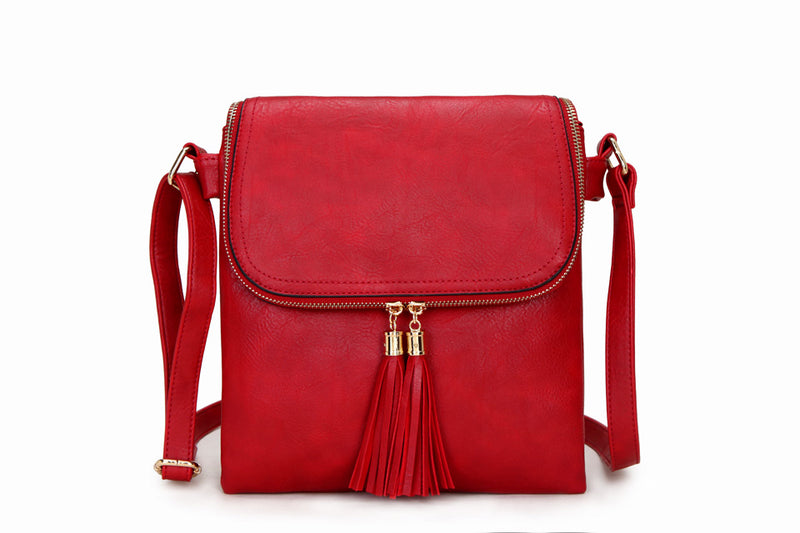A-SHU LARGE RED TASSEL MULTI COMPARTMENT CROSS BODY SHOULDER BAG WITH LONG STRAP - A-SHU.CO.UK