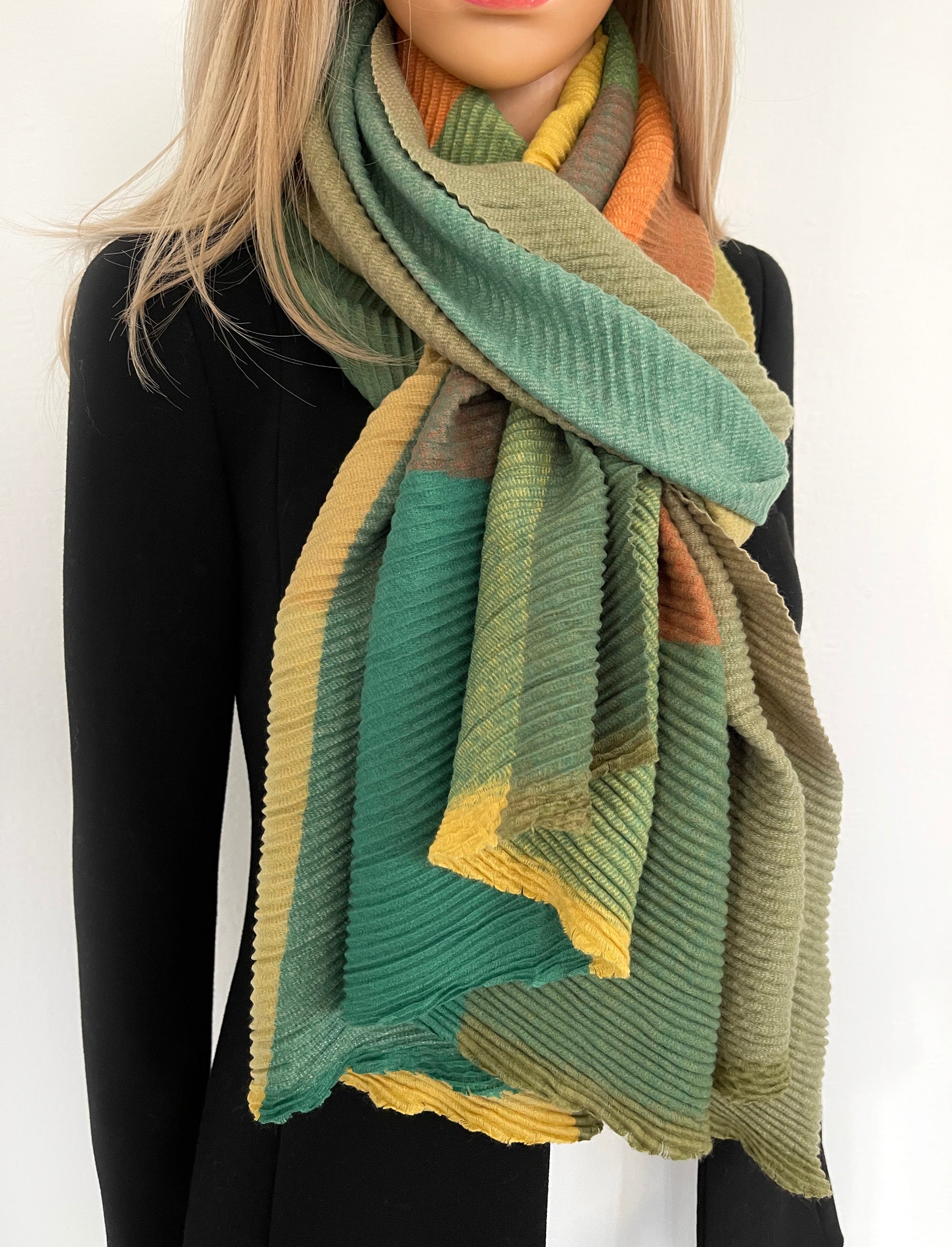 LONG GREEN CRINKLE MULTICOLOUR WOOL MIX COLOUR BLOCK CHECK SCARF