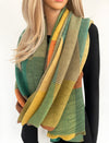 LONG GREEN CRINKLE MULTICOLOUR WOOL MIX COLOUR BLOCK CHECK SCARF