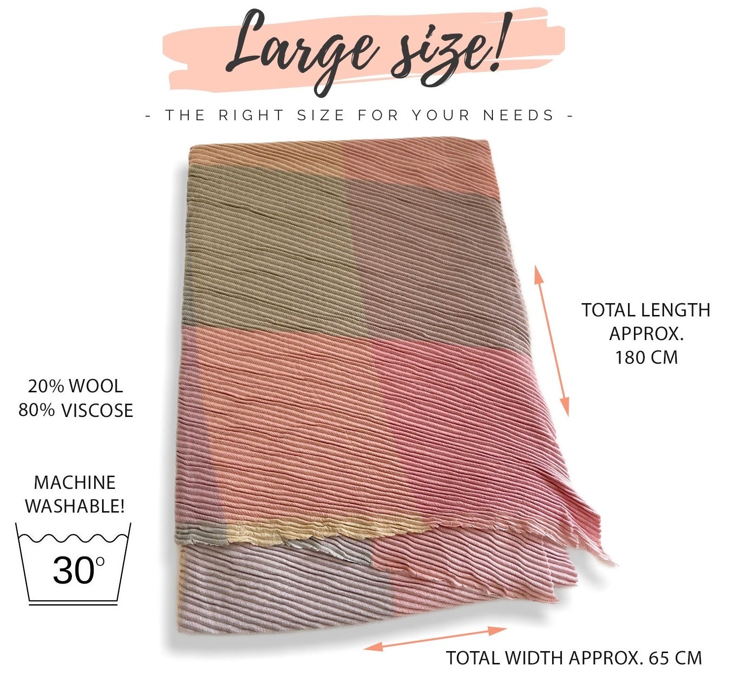 LONG PINK CRINKLE MULTICOLOUR WOOL MIX COLOUR BLOCK CHECK SCARF