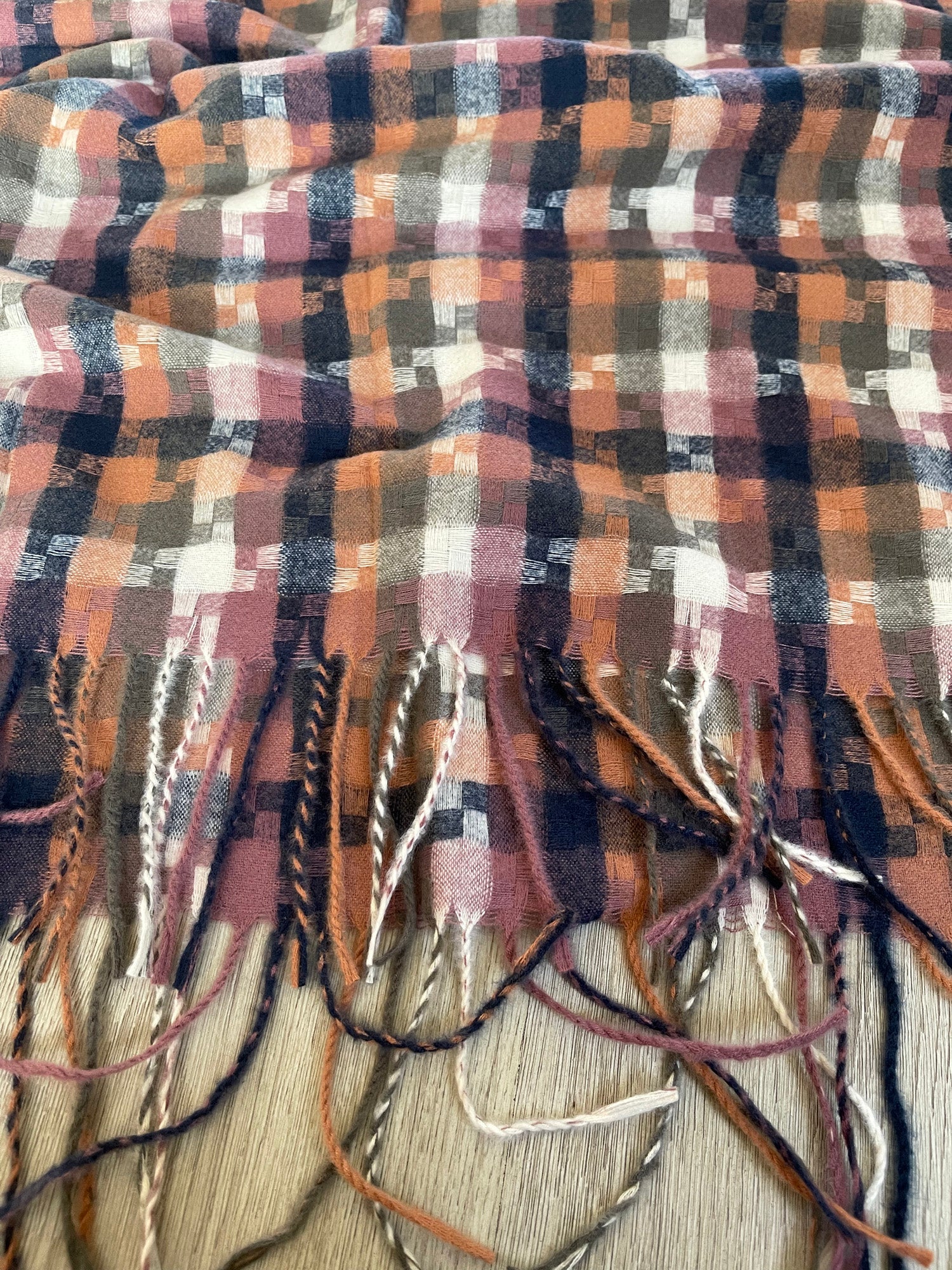 LONG PINK MULTICOLOUR WOOL MIX CHECKED TARTAN SCARF