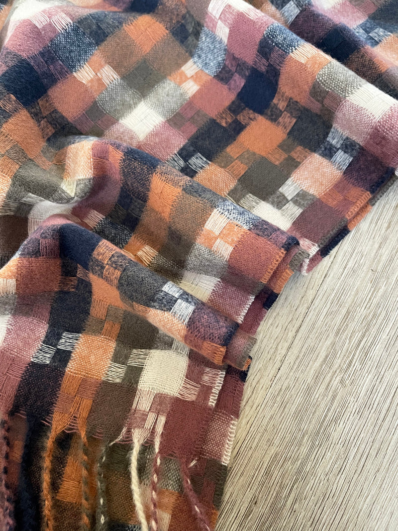 LONG PINK MULTICOLOUR WOOL MIX CHECKED TARTAN SCARF