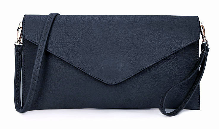 A-SHU NAVY BLUE OVER-SIZED ENVELOPE CLUTCH BAG WITH LONG CROSS BODY AND WRISTLET STRAP - A-SHU.CO.UK