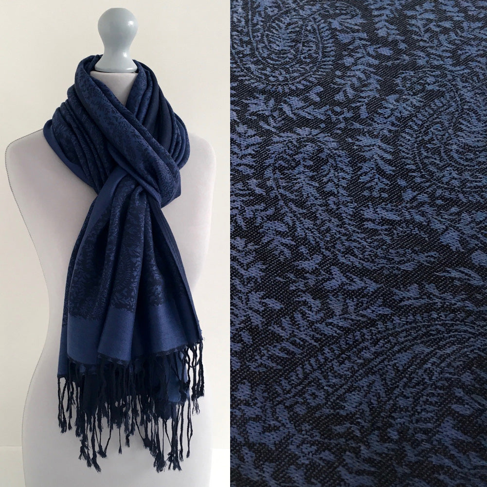 A-SHU NAVY BLUE PAISLEY PRINT REVERSIBLE PASHMINA SHAWL SCARF - A-SHU.CO.UK