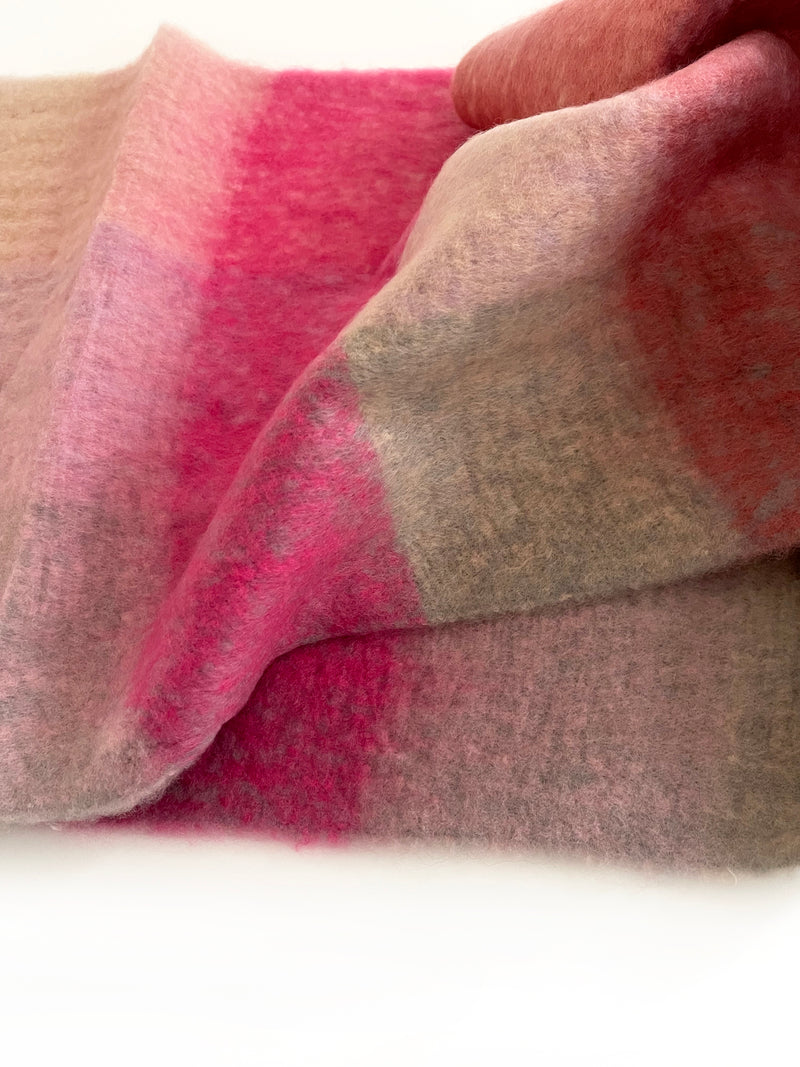 PINK CHECKED WOOL RAINBOW BLANKET SCARF OVERSIZED WINTER SHAWL WRAP