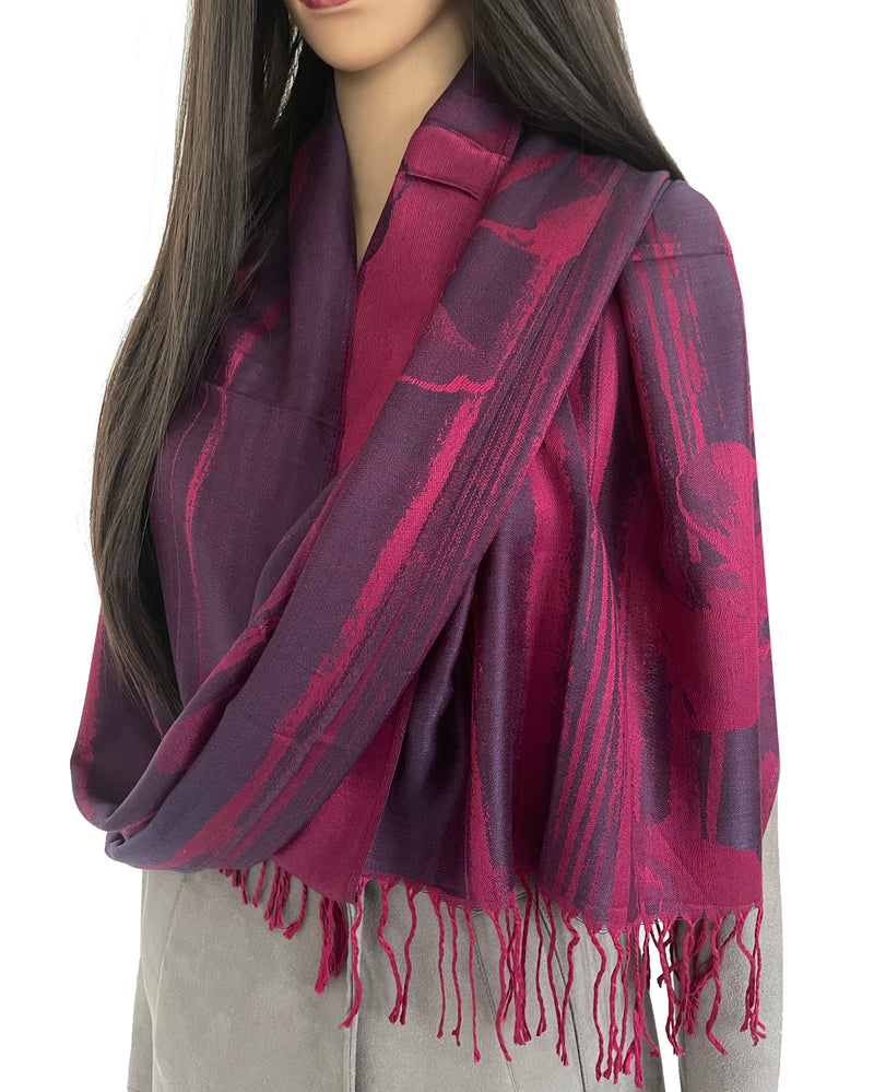PURPLE BERRY REVERSIBLE PASHMINA SHAWL SCARF IN ABSTRACT FLORAL PRINT